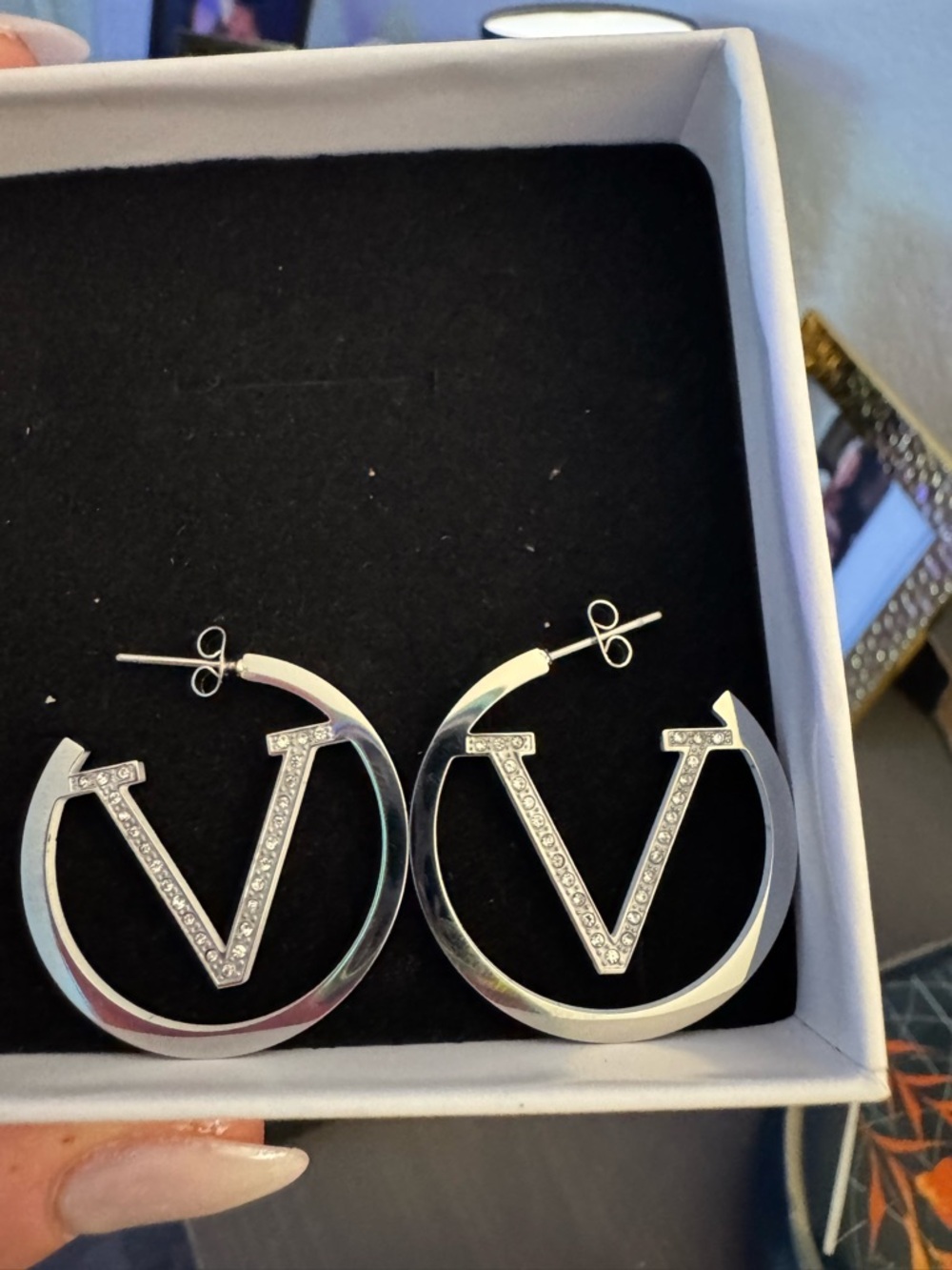 Silver Valentino  Hoop Earrings with Crystal Accents